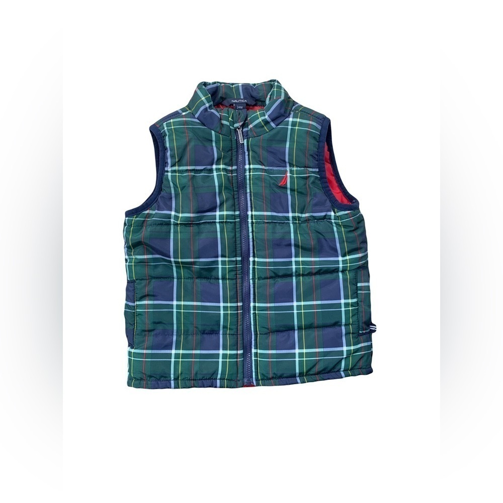 Nautica Size 24 Months Green Plaid Puffer Vest